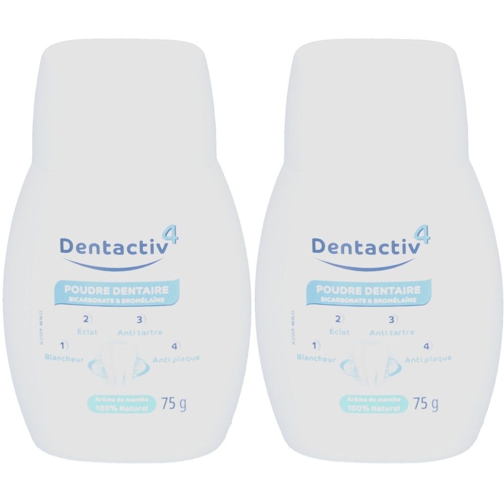 Deux flacons blancs de poudre dentaire Dentactiv 4. Inscription : Poudre dentaire, 75 g.
