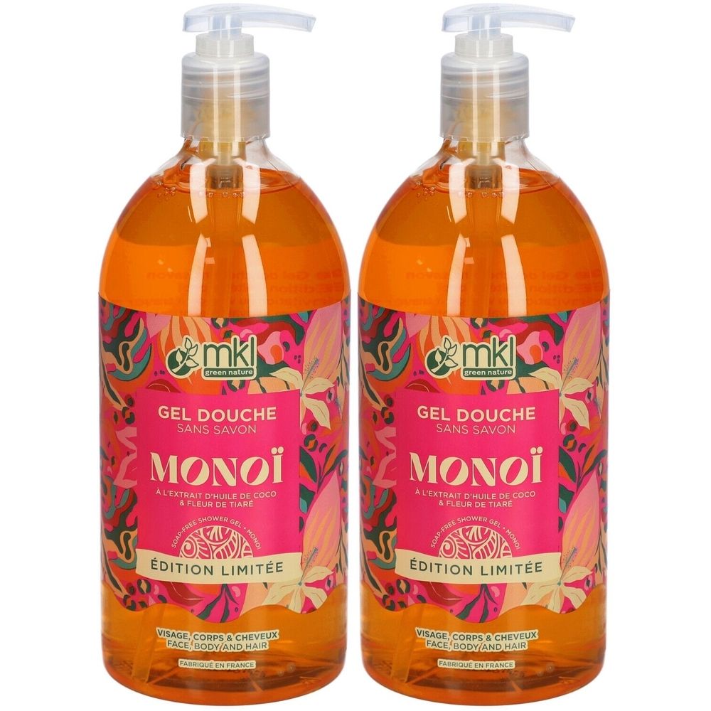 Deux flacons transparents de gel orange. Inscription: MKL, Gel Douche Monoï, Édition Limitée. Avec pompe doseuse.