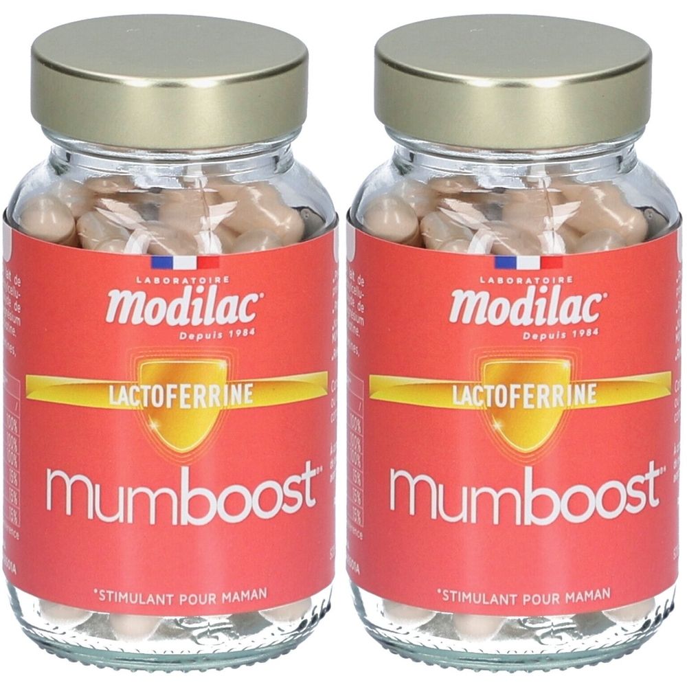 Deux flacons en verre avec des gélules. Étiquettes "Modilac Mumboost Lactoferrine". Bouchon doré.