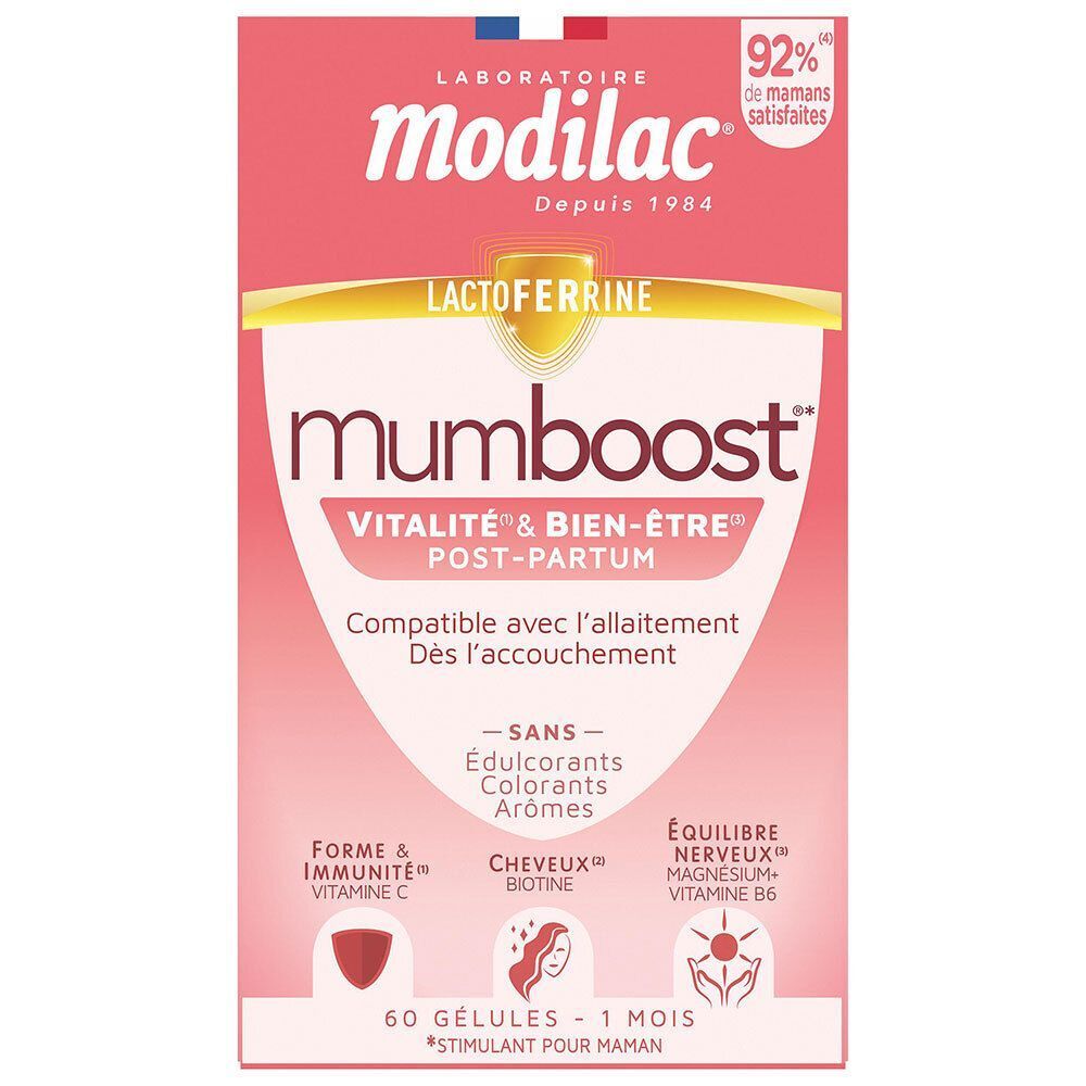 Modilac Mumboost Vitalité & Bien-être Post-Partum, 60 gélules, face avant.