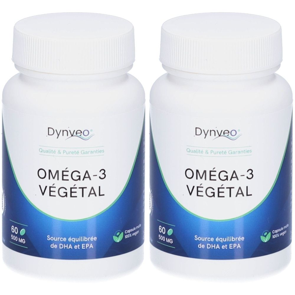 Deux flacons blancs avec bouchons à vis. Inscription: Dynveo Oméga-3 Végétal. Étiquettes bleues avec texte et logo. Label vegan.