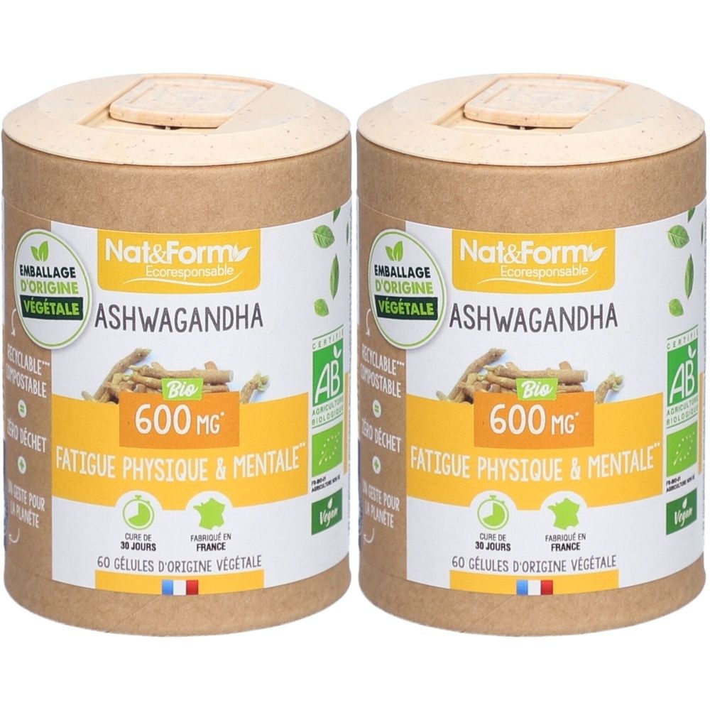 Deux boîtes cylindriques "Nat&Form Ashwagandha Bio". Inscription : 600 mg, Fatigue Physique & Mentale, label AB. Emballage végétal.