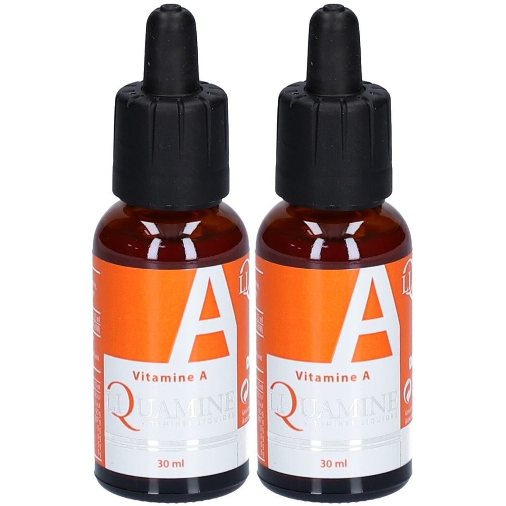 Deux flacons bruns avec compte-gouttes noirs. Étiquettes avec "Vitamine A" et "Liquamine".