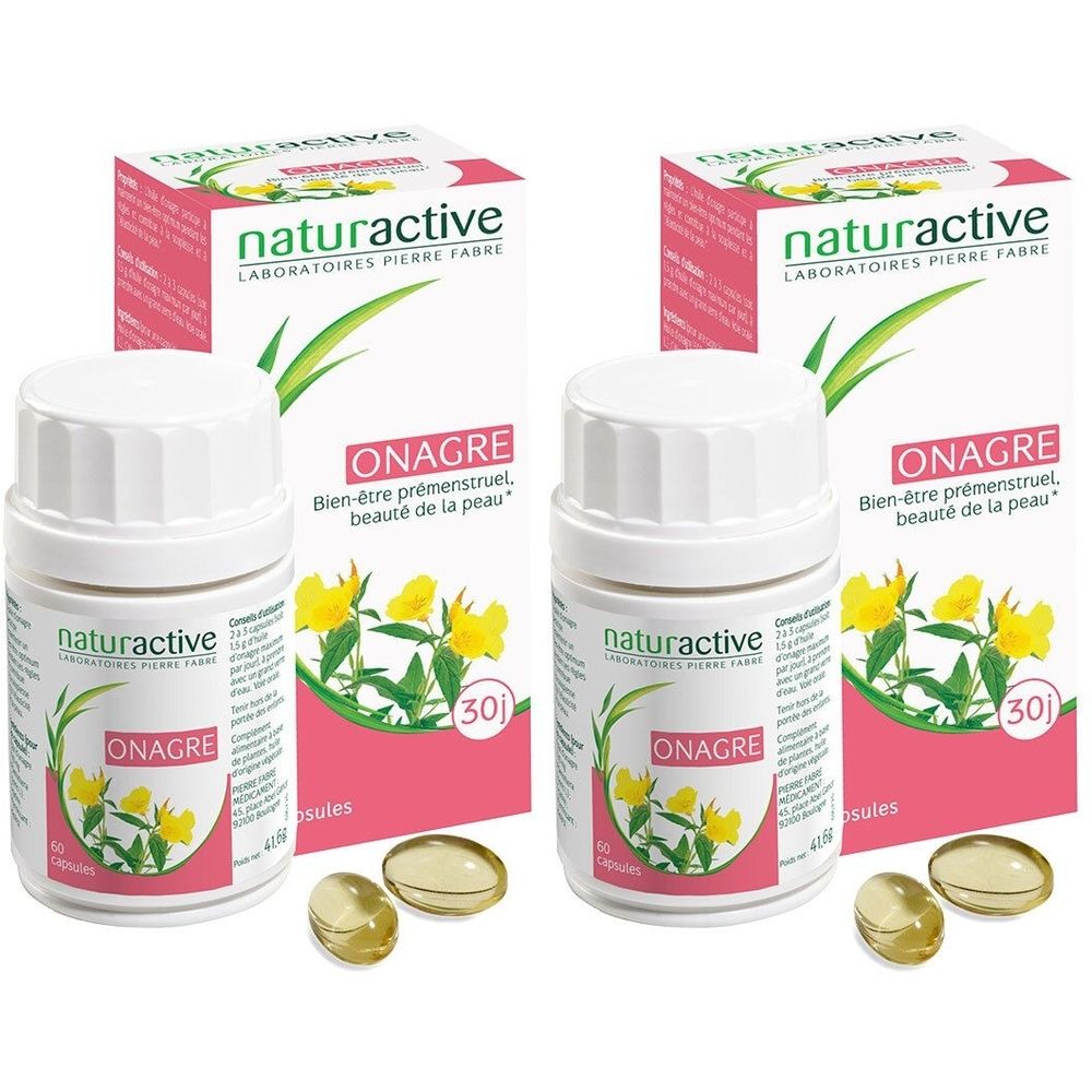Deux flacons et deux boîtes de Naturactive Onagre. Inscription : Onagre, Bien-être prémenstruel, beauté de la peau. 30 capsules.
