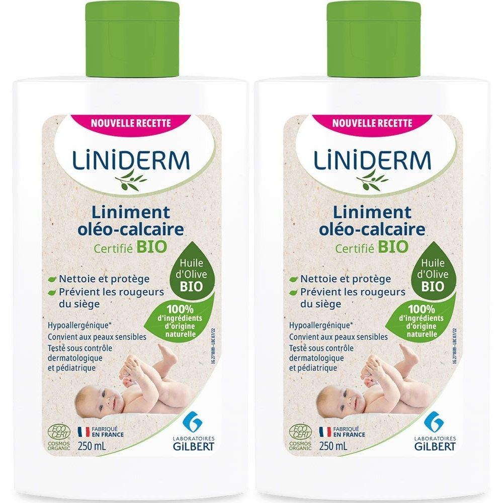 Deux flacons blancs avec bouchon vert. Inscription : LiNiDERM, Liniment oléo-calcaire, Certifié BIO. Illustration d'un bébé.