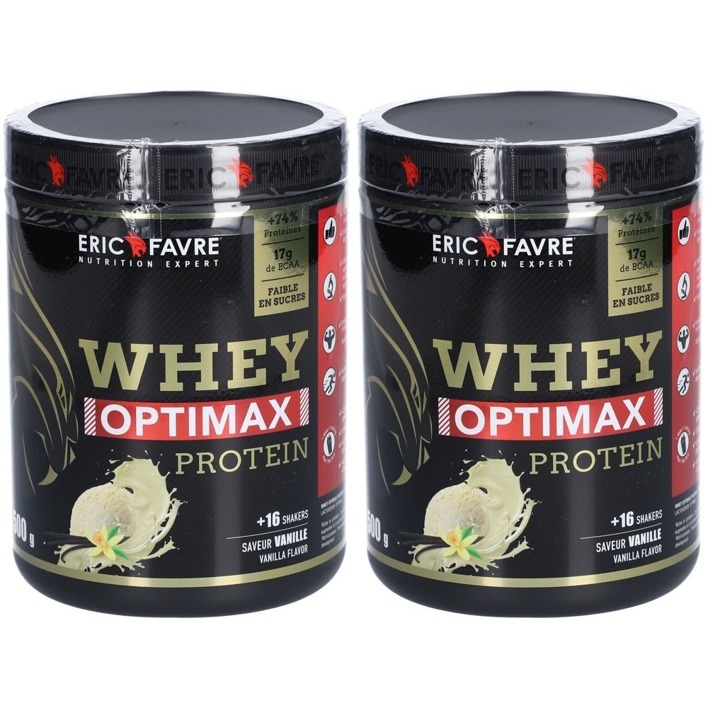 Deux boîtes de Whey Optimax Protein ERIC FAVRE, saveur vanille. Boîtes noires avec texte doré et informations produit.
