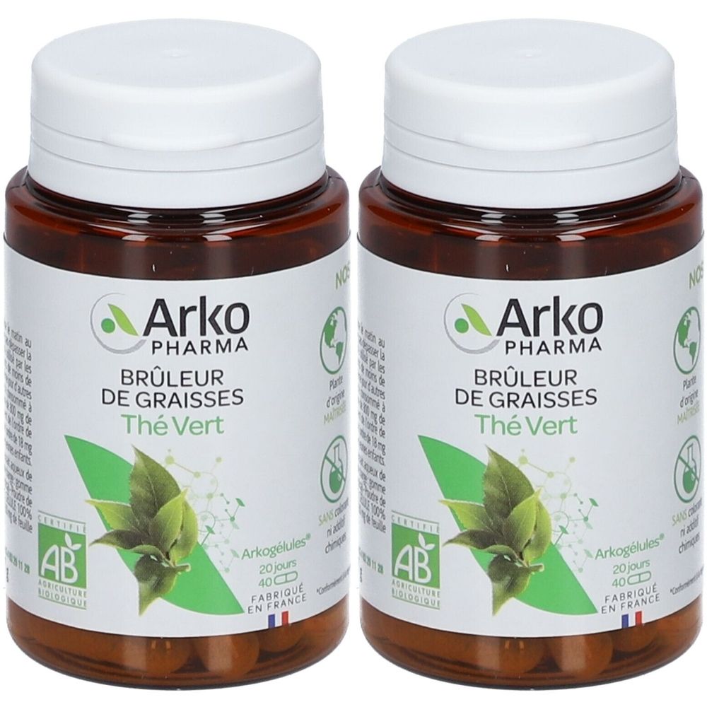 Deux flacons bruns avec des couvercles blancs. Étiquettes : "Arko Pharma", "Brûleur de graisses Thé Vert" et une feuille verte.