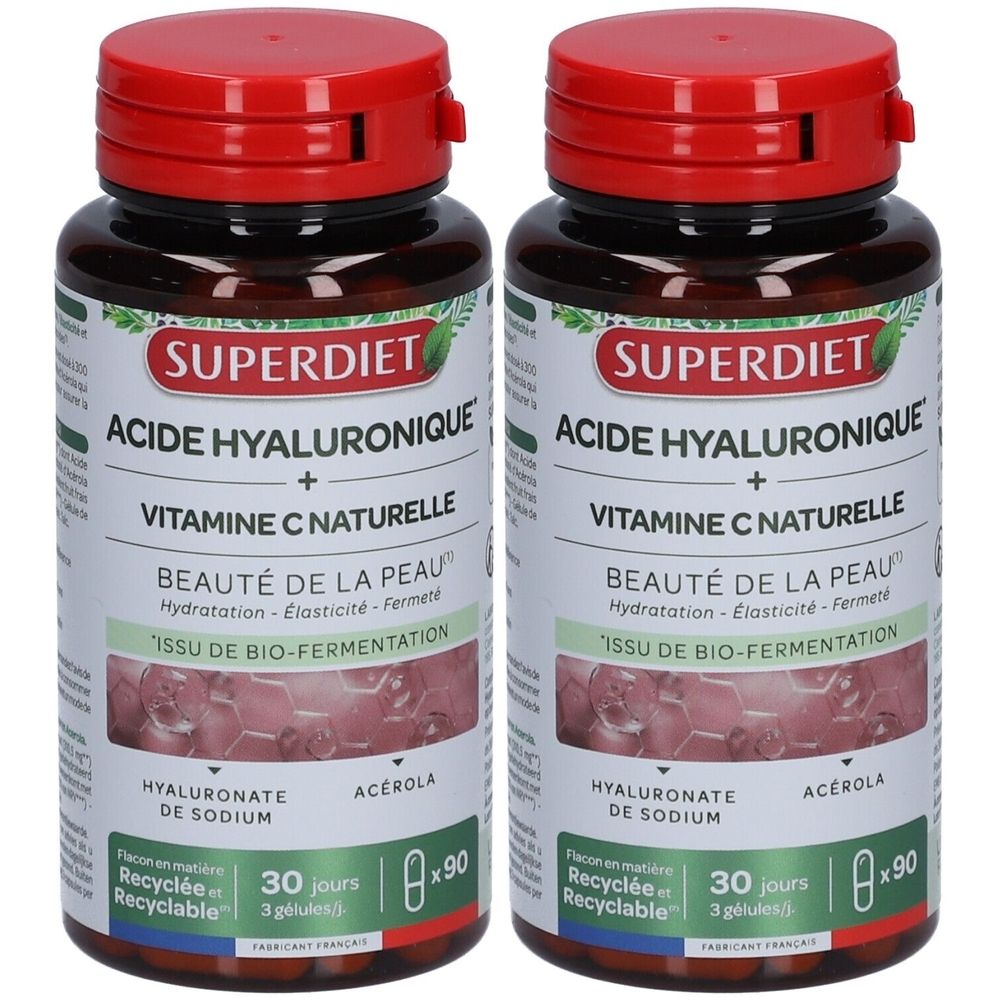 Deux flacons de compléments alimentaires. Étiquette : "SUPERDIET ACIDE HYALURONIQUE + VITAMINE C NATURELLE".