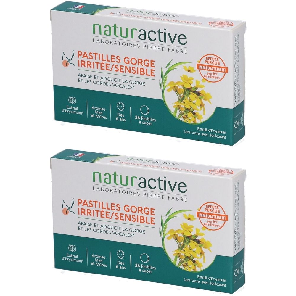 Deux boîtes de pastilles Naturactive. Inscription : Pastilles Gorge Irritée/Sensible. Design vert et blanc avec motif floral et texte.