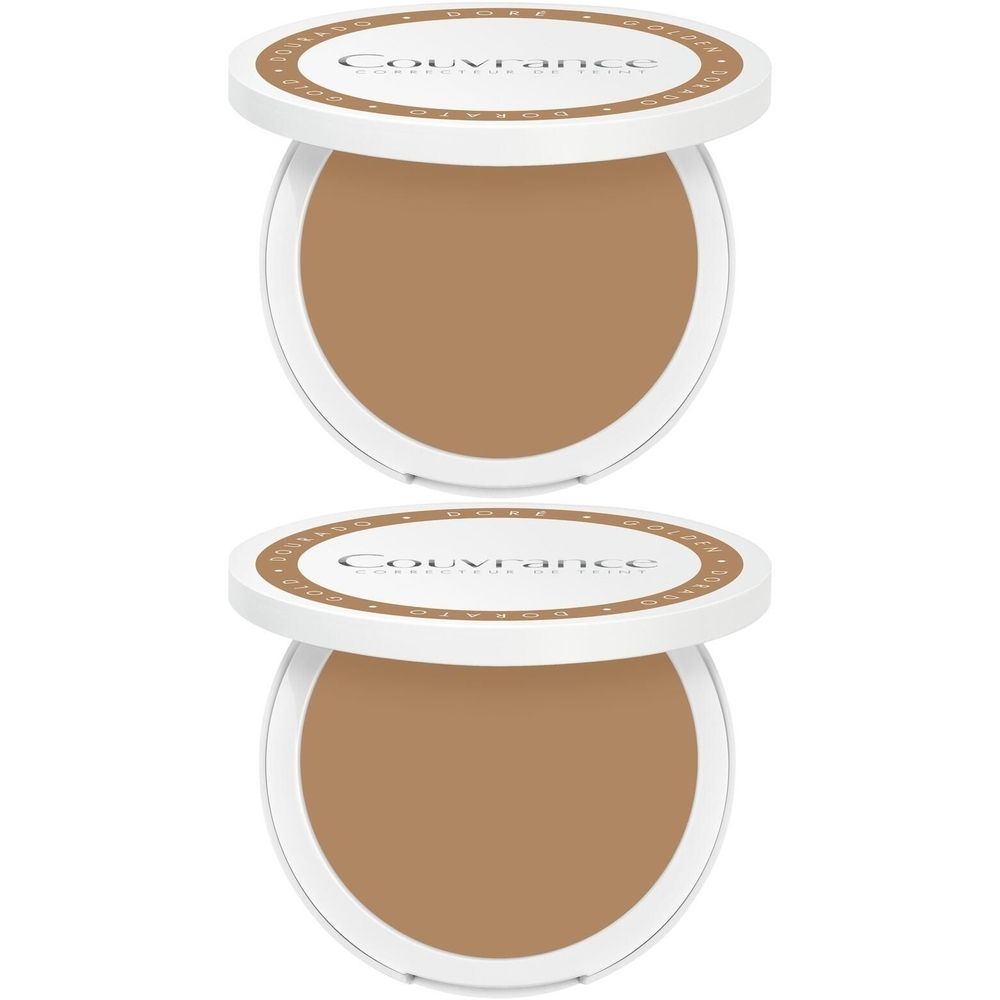 Deux fonds de teint compacts ouverts. Boîtier blanc avec fond de teint brun. Le mot "Couvrance" est inscrit sur le couvercle.