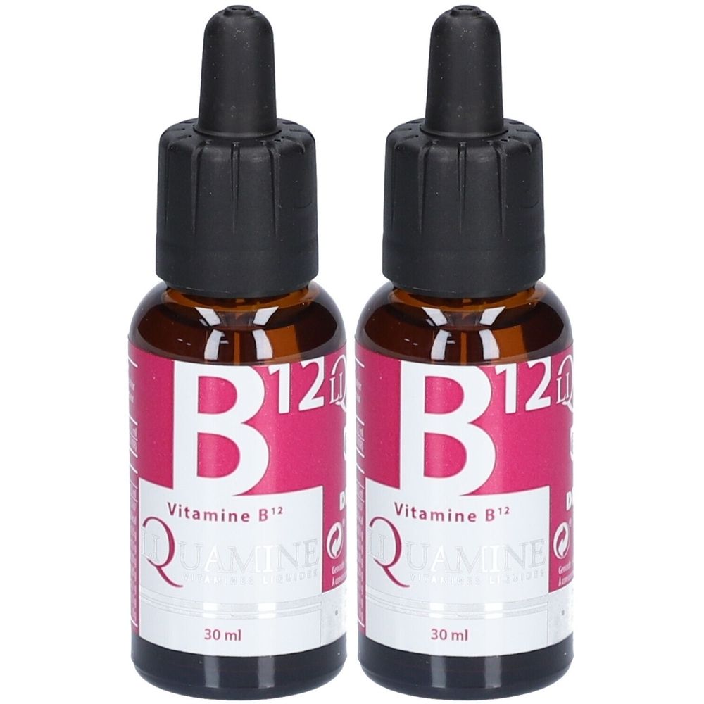 Zwei Flaschen mit Tropfer. Aufschrift B12, Vitamine B12 und QUAMINE. Braune Glasflaschen mit schwarzem Verschluss. 30 ml.