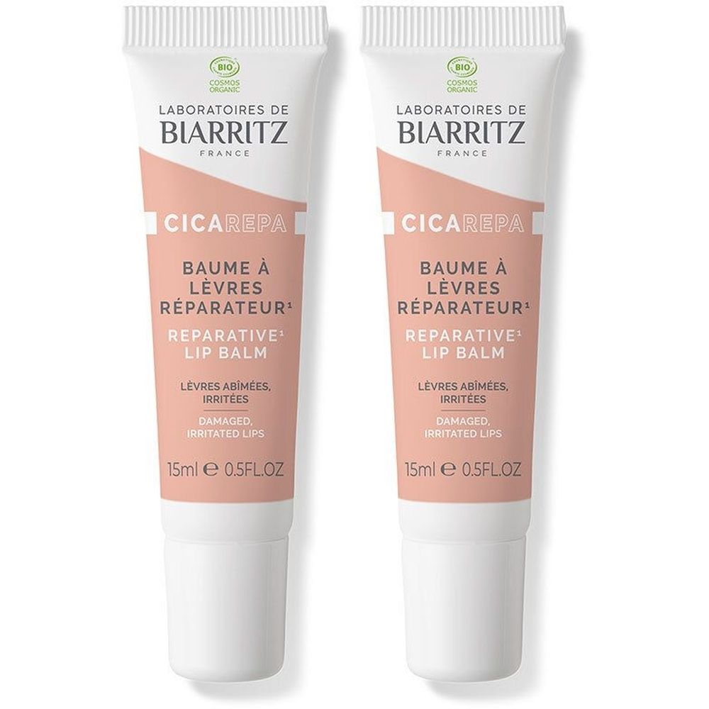 Deux tubes de baume à lèvres. Inscription: Laboratoires de Biarritz, CicaRepa, Baume à Lèvres Réparateur, 15ml.