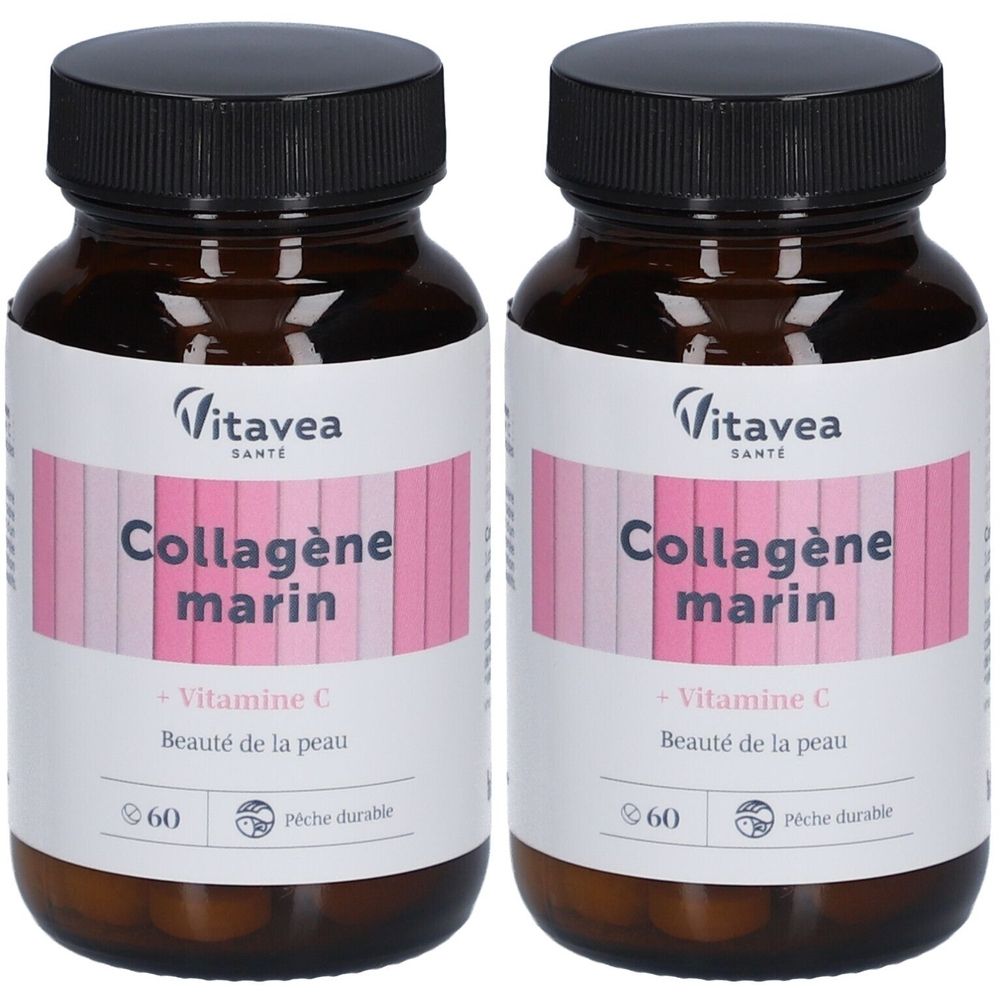 Deux flacons en verre brun avec bouchons noirs. Étiquettes avec "Collagène marin", "Vitamine C" et logo Vitavea Santé.