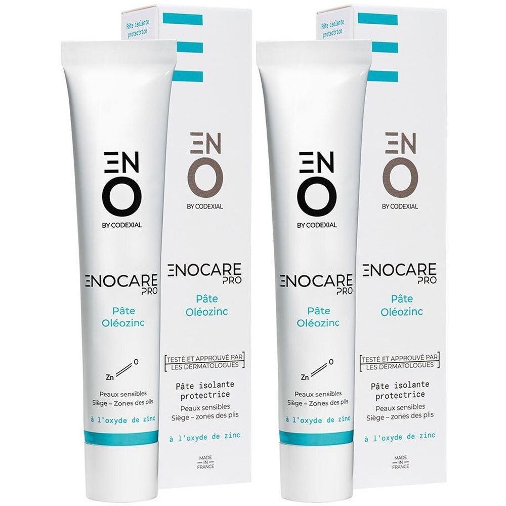 Deux tubes et emballages avec impression du produit. Inscription : ENO Enocare Pro Pâte Oléozinc. Tubes blancs, emballage blanc.
