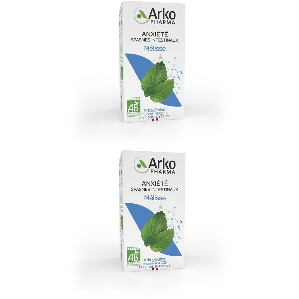 Deux boîtes de produit. Inscriptions : Arko Pharma, ANXIÉTÉ, SPASMES INTESTINAUX, Mélisse. Logo AB.