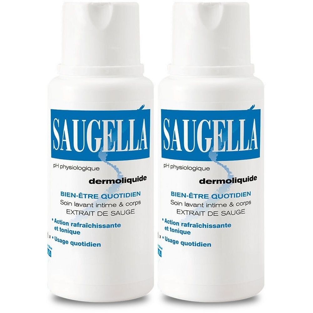 Deux flacons blancs avec étiquette bleue. Inscription: SAUGELLA, dermoliquide, Bien-être quotidien, Extrait de Sauge. Soin intime quotidien.