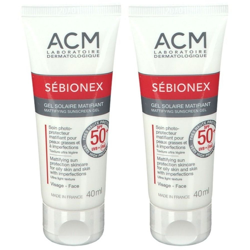 Deux tubes de gel solaire ACM SÉBIONEX SPF 50+. Emballage blanc, rouge et gris. Inscription en français et anglais.