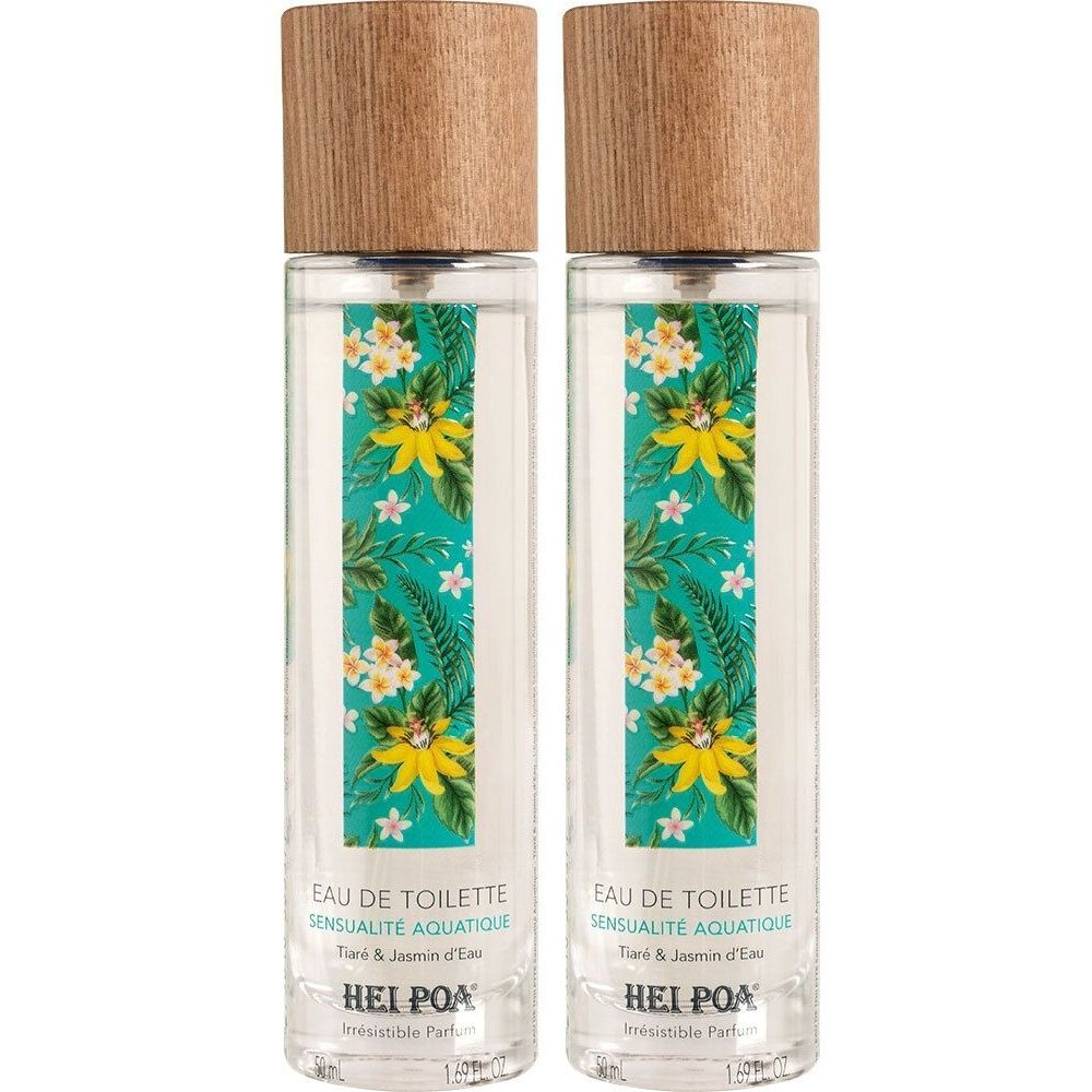 Deux flacons d'Eau de Toilette. Bouchon en bois, flacon transparent avec motif floral. Inscription: HEI POA, Eau de Toilette Sensualité Aquatique.