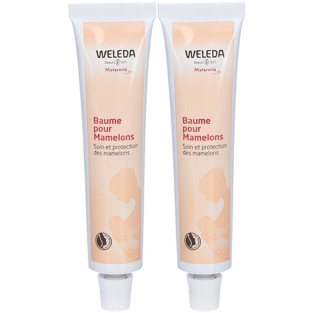 Zwei Tuben mit Creme. Aufschrift: WELEDA, Baume pour Mamelons. Soin et protection des mamelons. Abbildung einer stillenden Frau.