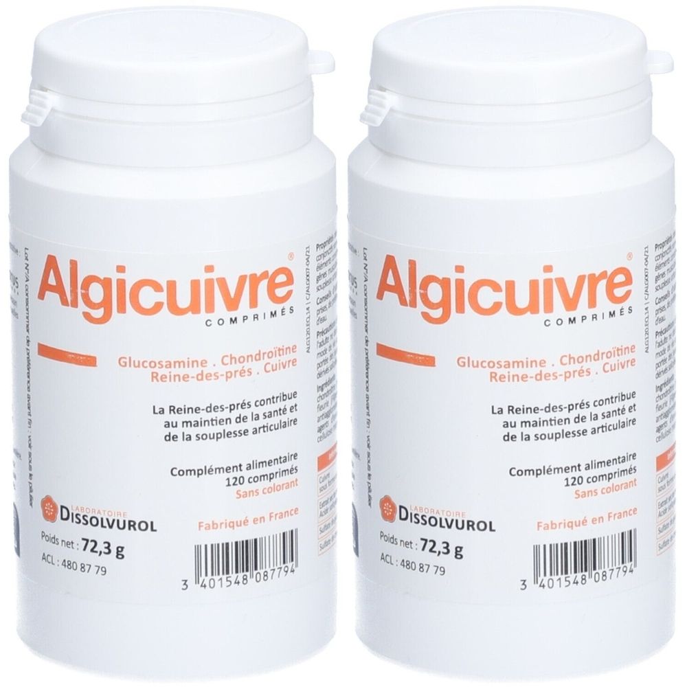 Zwei weiße Flaschen mit dem Produktnamen Algicuivre. Aufschrift: Glucosamin, Chondroitin, Reine-des-prés, Cuivre. 120 Tabletten.