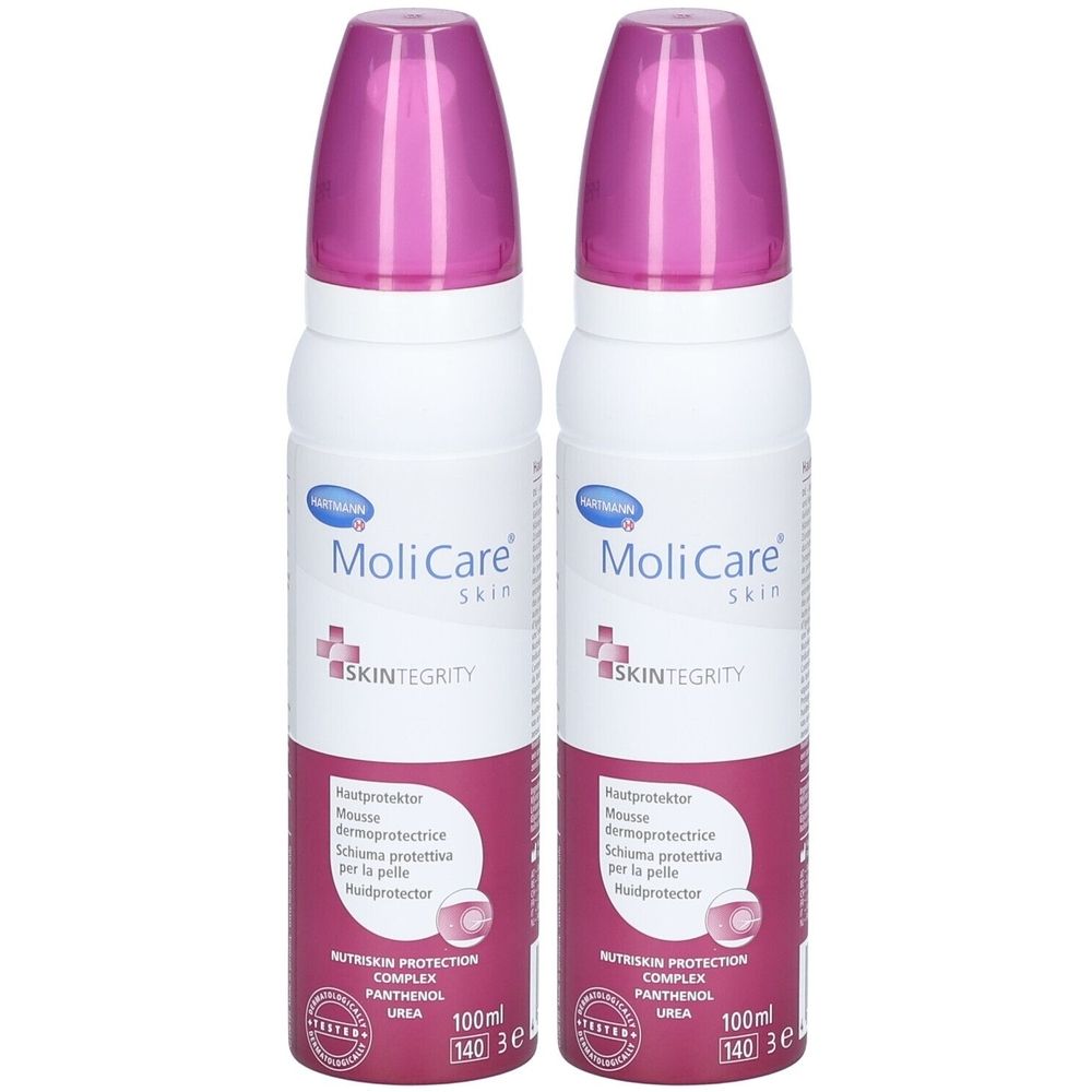 Deux flacons de MoliCare Skin Mousse dermoprotectrice. Flacons blancs avec bouchons et étiquettes roses. Texte en allemand, français, italien.