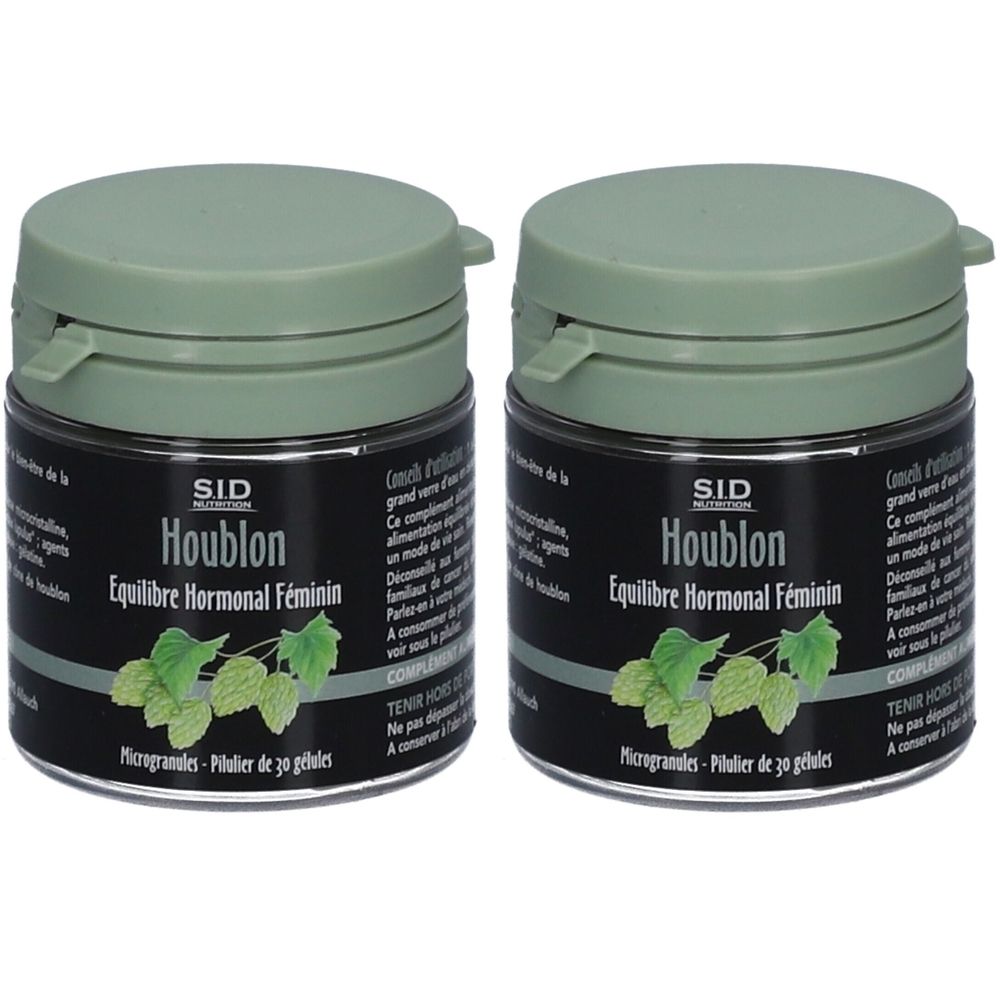 Zwei Dosen mit grünem Deckel. Aufschrift: SID Houblon Équilibre Hormonal Féminin. Microgranules - Pilulier de 30 gélules.