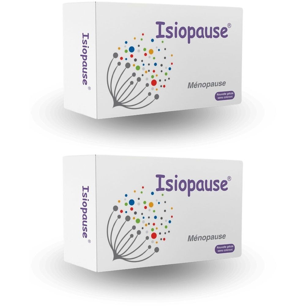 Deux boîtes blanches avec "Isiopause" et "Ménopause". Motif floral avec points colorés. Marque visible.
