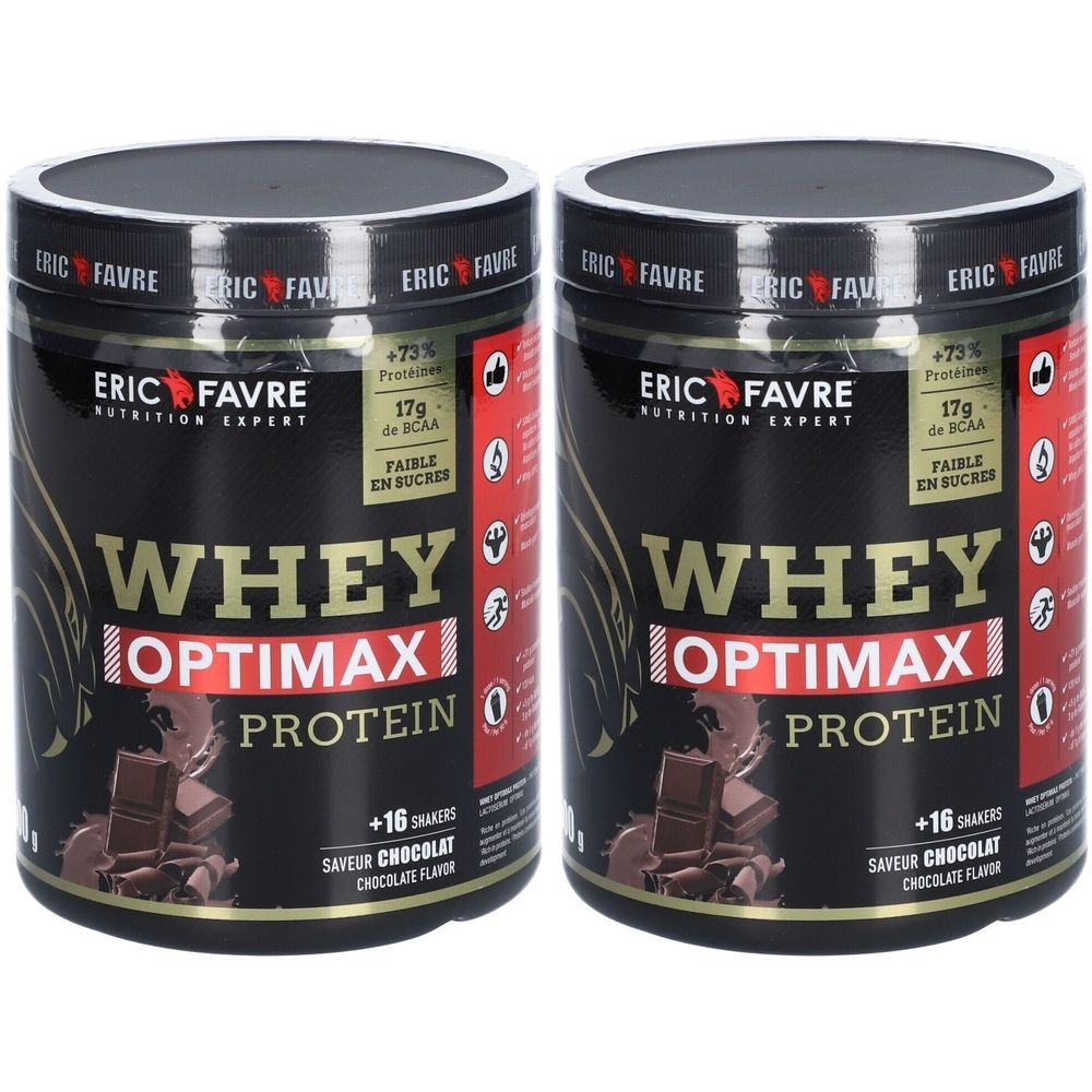 Zwei Dosen Whey Optimax Protein, Schokoladengeschmack. Schwarze Dosen mit weißer Schrift. Marke Eric Favre.