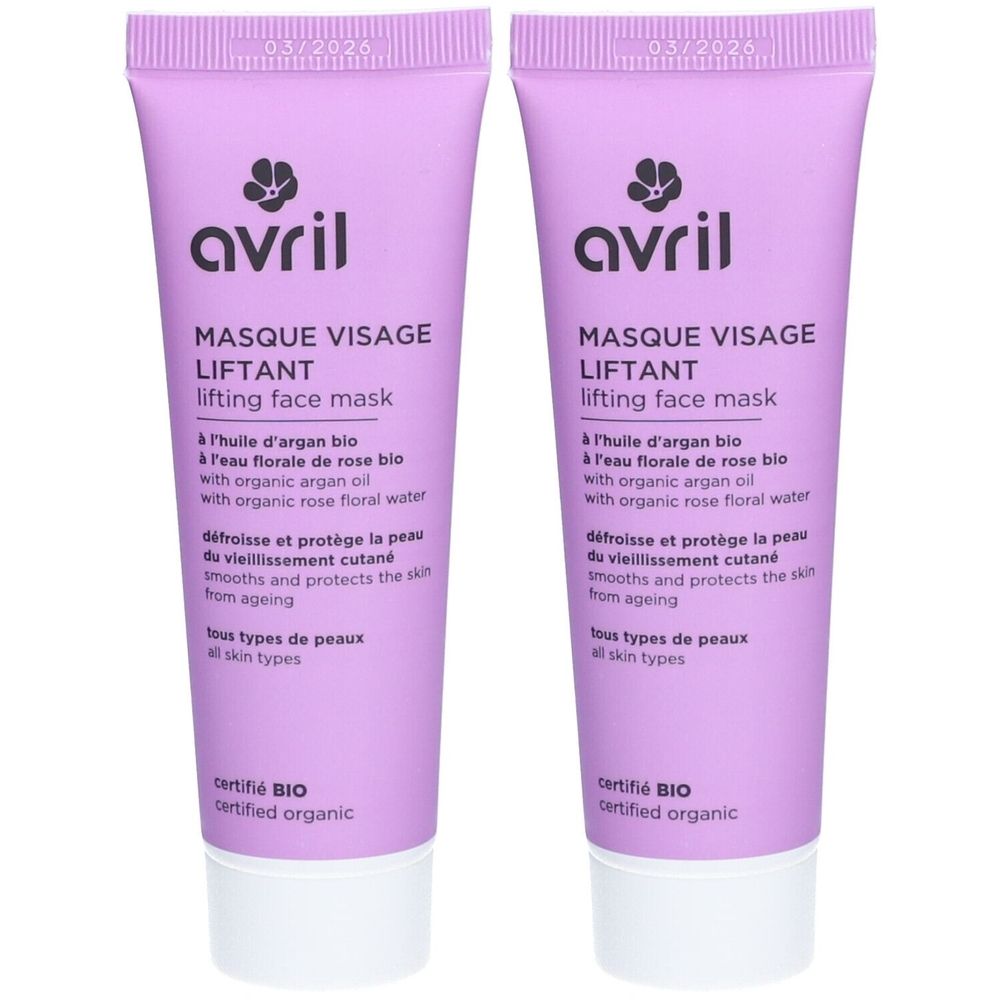 Deux tubes de masque visage. Tubes violets avec bouchon blanc. Texte: Avril, Masque Visage Liftant, certifié BIO.