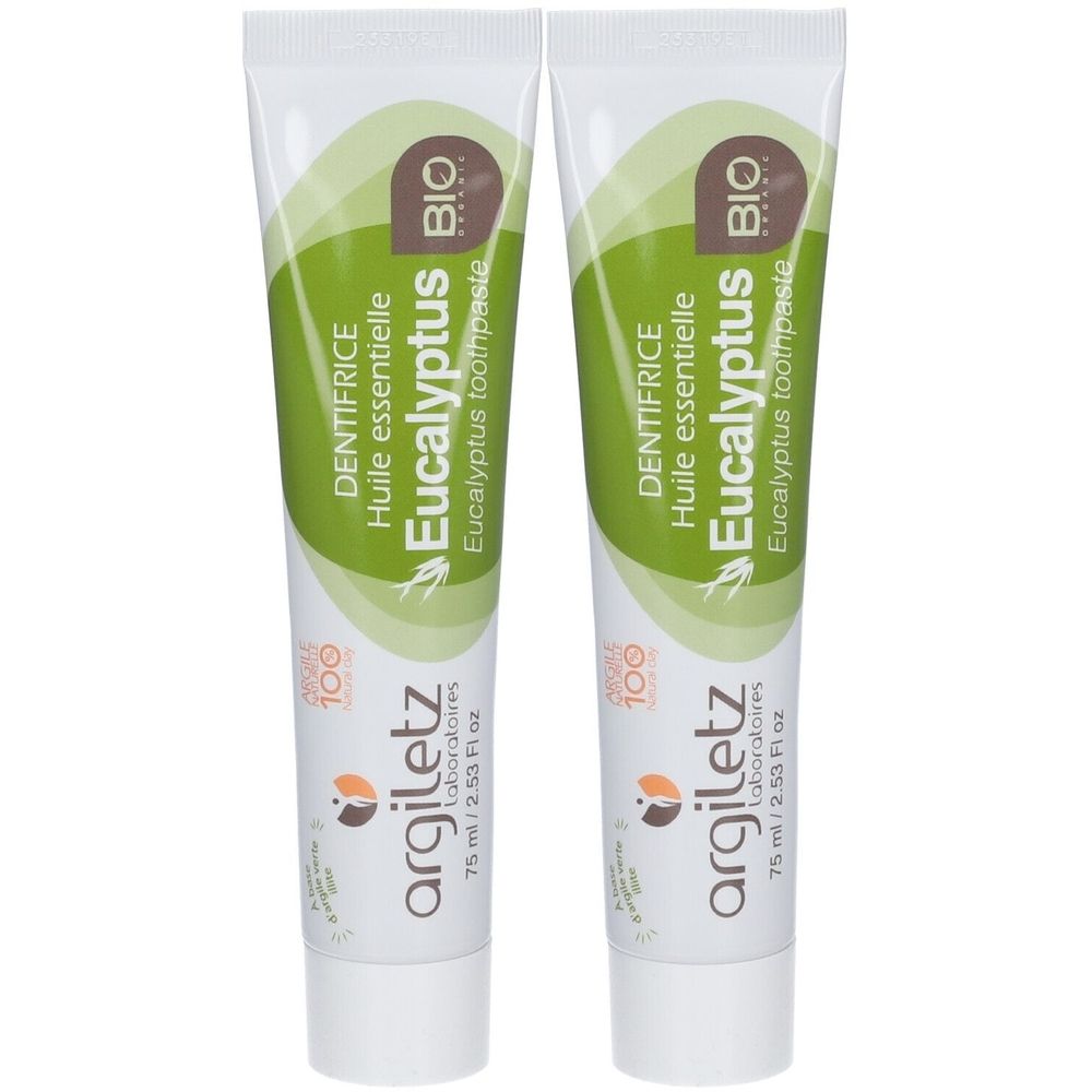 Deux tubes de dentifrice Eucalyptus BIO. Inscription argiletz. Emballage vert et blanc.