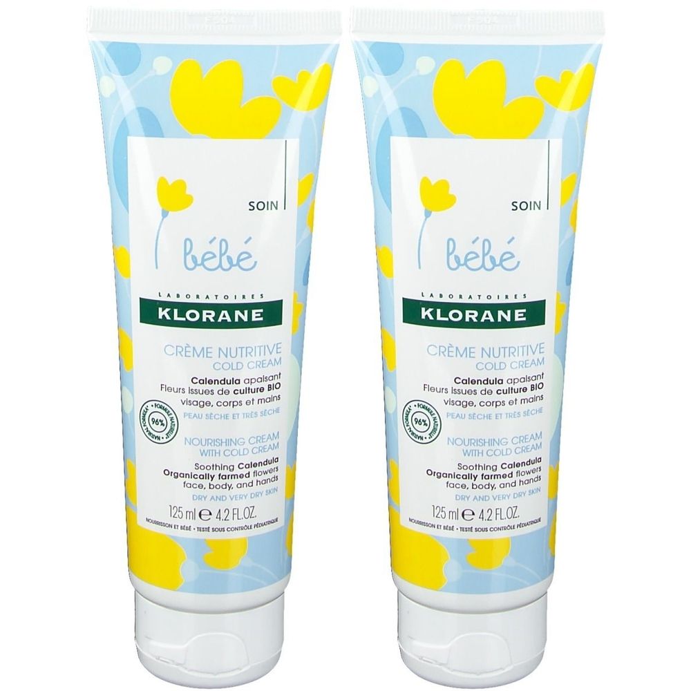 Deux tubes de crème Klorane Bébé. Fond bleu clair, motifs floraux jaunes. Inscription « Crème nutritive » et logo visibles.