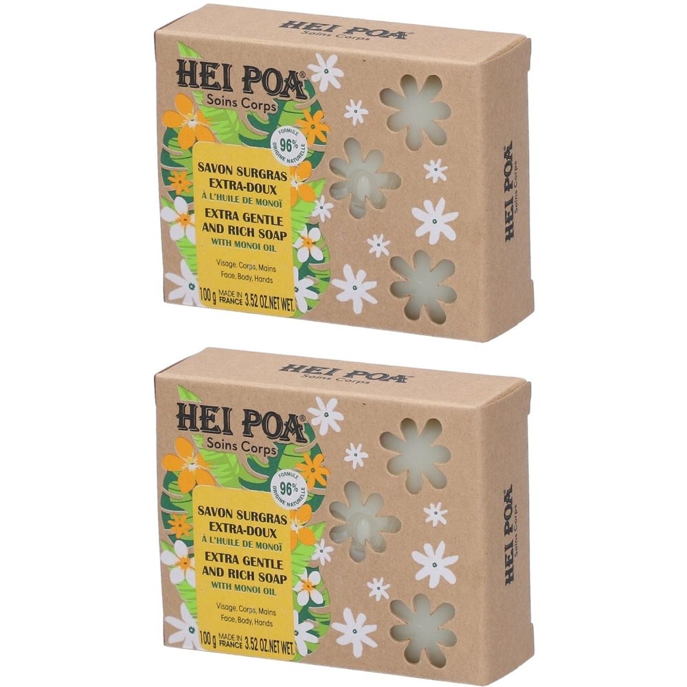 Deux boîtes rectangulaires en carton avec motifs floraux. Inscriptions: HEI POA, Savon Surgras Extra-Doux, Extra Gentle and Rich Soap.