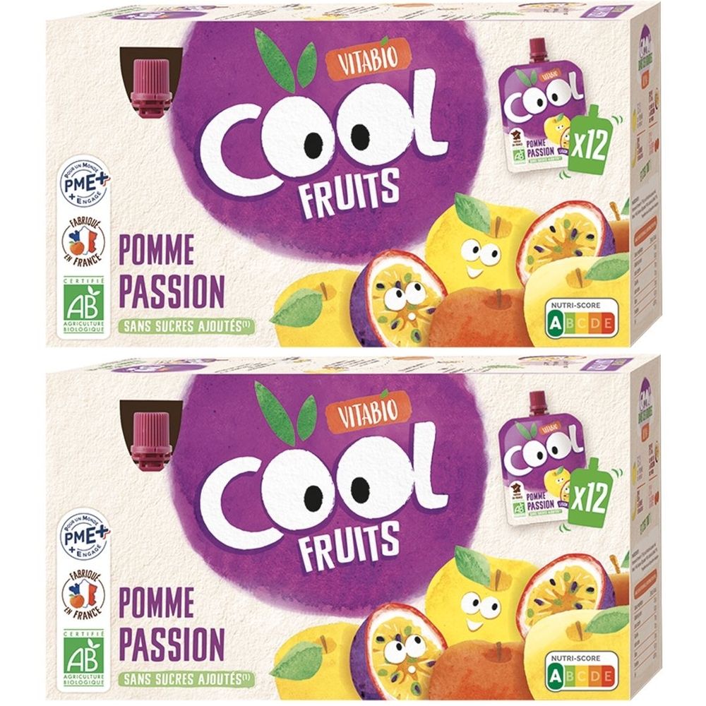 Emballage Cool Fruits. Inscription Pomme Passion, sans sucres ajoutés. Contient 12 sachets. Certification AB.