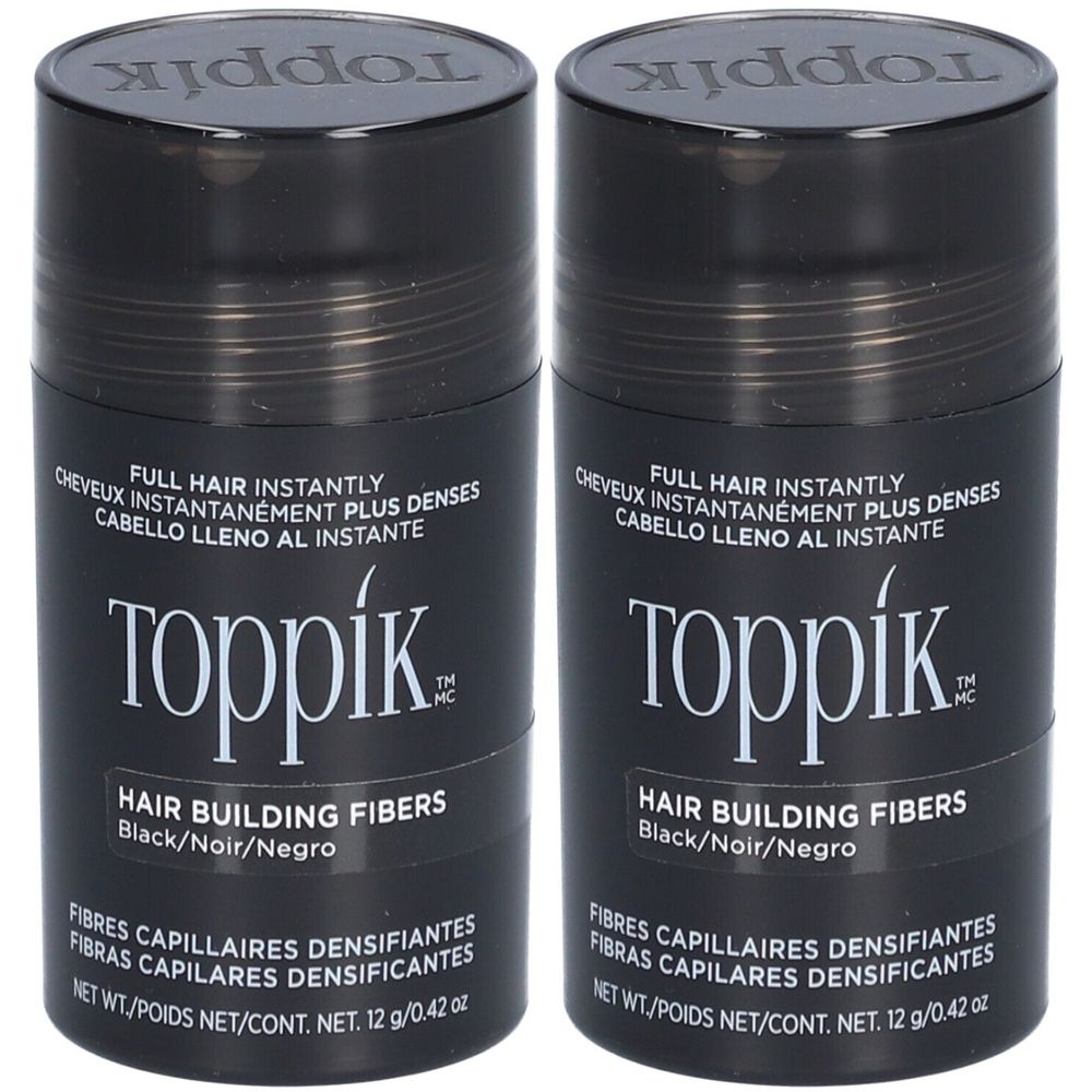 Deux flacons noirs Toppik. Inscription : Hair Building Fibers, Noir/Negro. Contenu net : 12 g/0,42 oz.