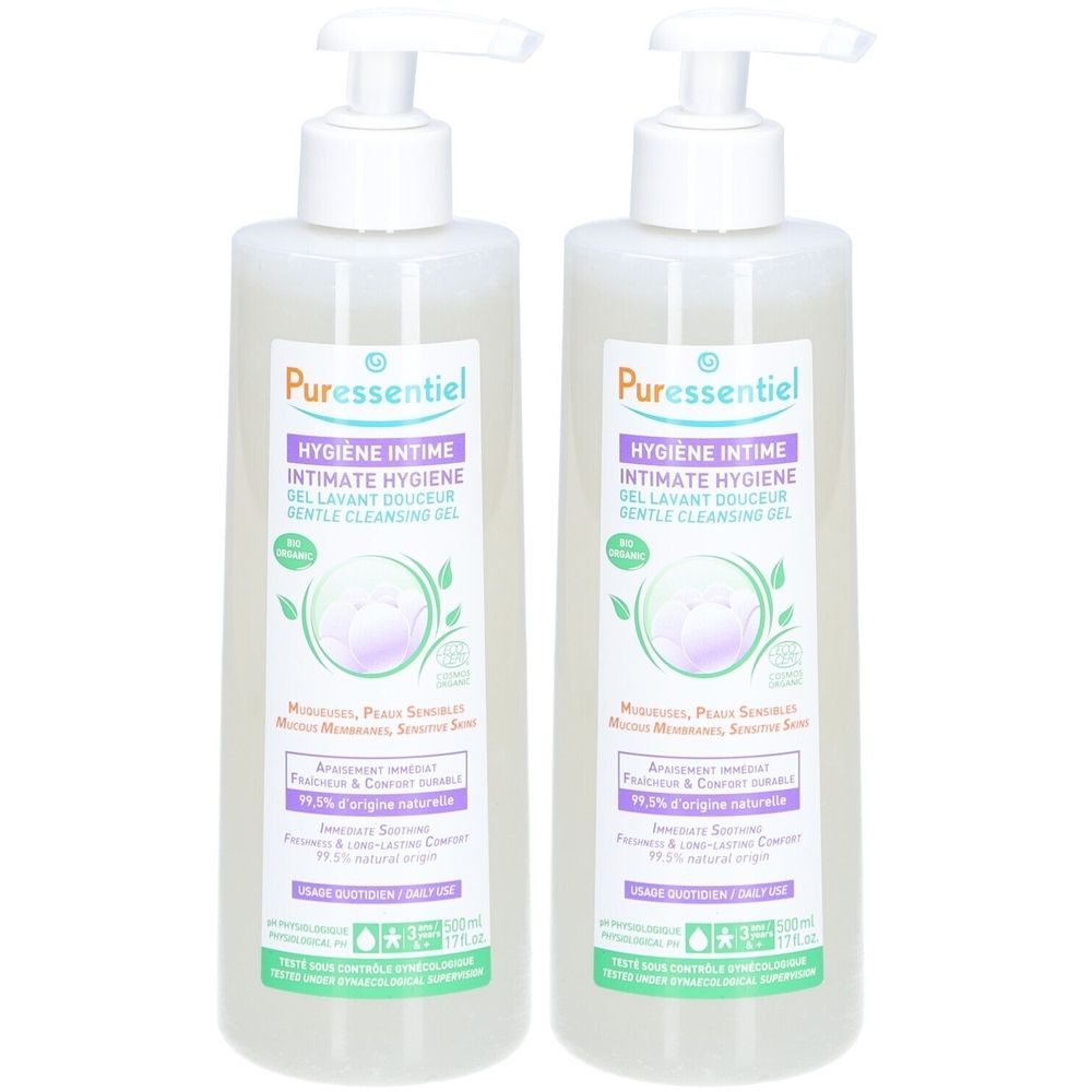 Deux flacons de gel lavant intime. Distributeur blanc, liquide transparent. Inscription : Puressentiel, Hygiène intime, gel lavant douceur.