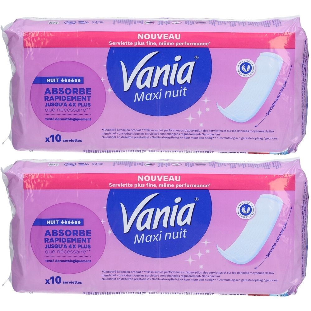 Zwei Packungen Vania Maxi Nuit. Rosa Verpackung mit Produktabbildung und Text. Enthält 10 Servietten. 'Absorbiert schnell'.
