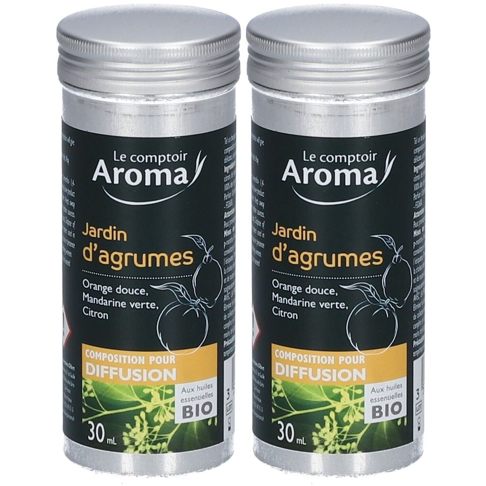 Zwei Flaschen "Le Comptoir Aroma" mit "Jardin d'agrumes". Schwarze Etiketten mit Text und Illustrationen. Silberne Deckel. BIO-Zertifizierung.