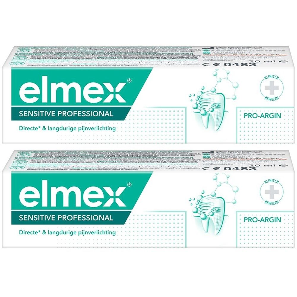 Deux boîtes de dentifrice. Inscription: elmex SENSITIVE PROFESSIONAL, PRO-ARGIN. Emballage vert et blanc.