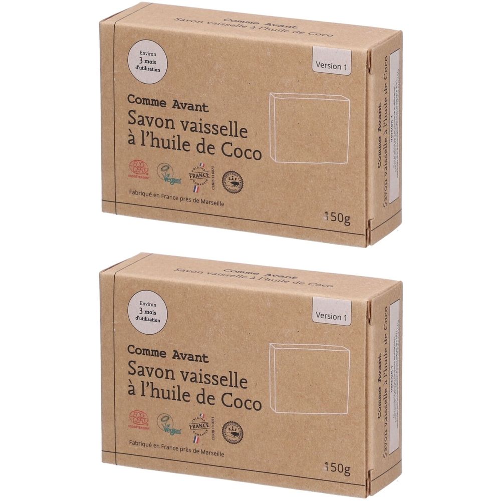 Zwei Kartons mit Produktbeschriftung: Comme Avant Savon vaisselle à l'huile de Coco. Aufschrift: 150g.