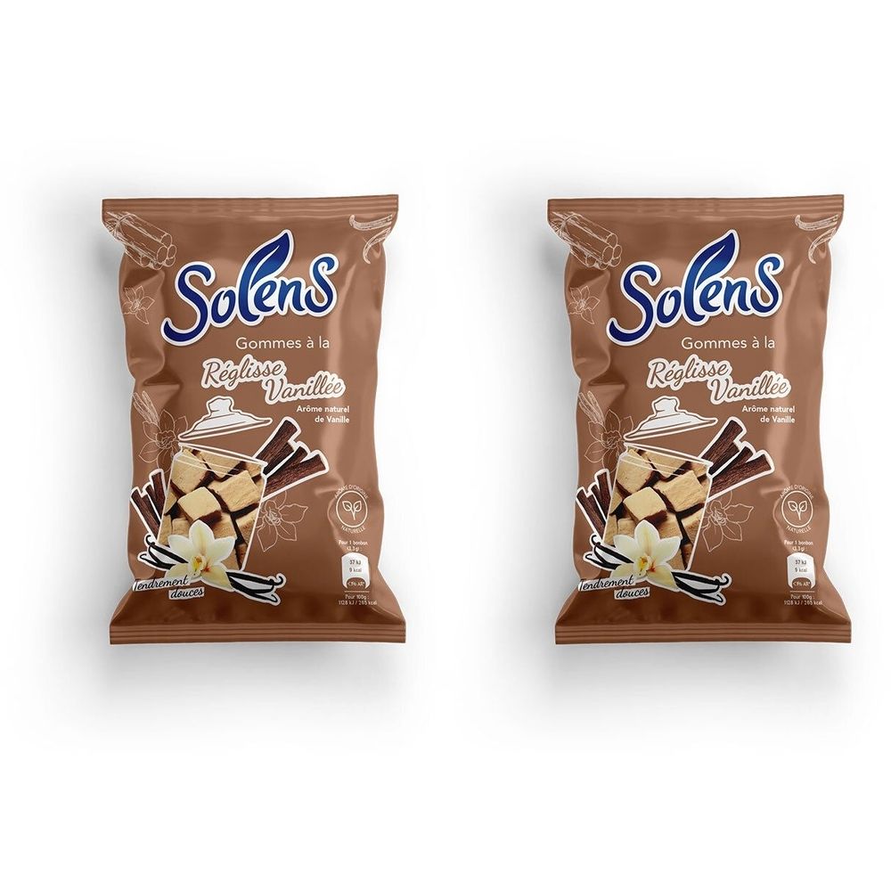 Deux sachets marron avec logo Solens et inscription "Réglisse Vanille". Illustration de réglisse, vanille et cannelle.