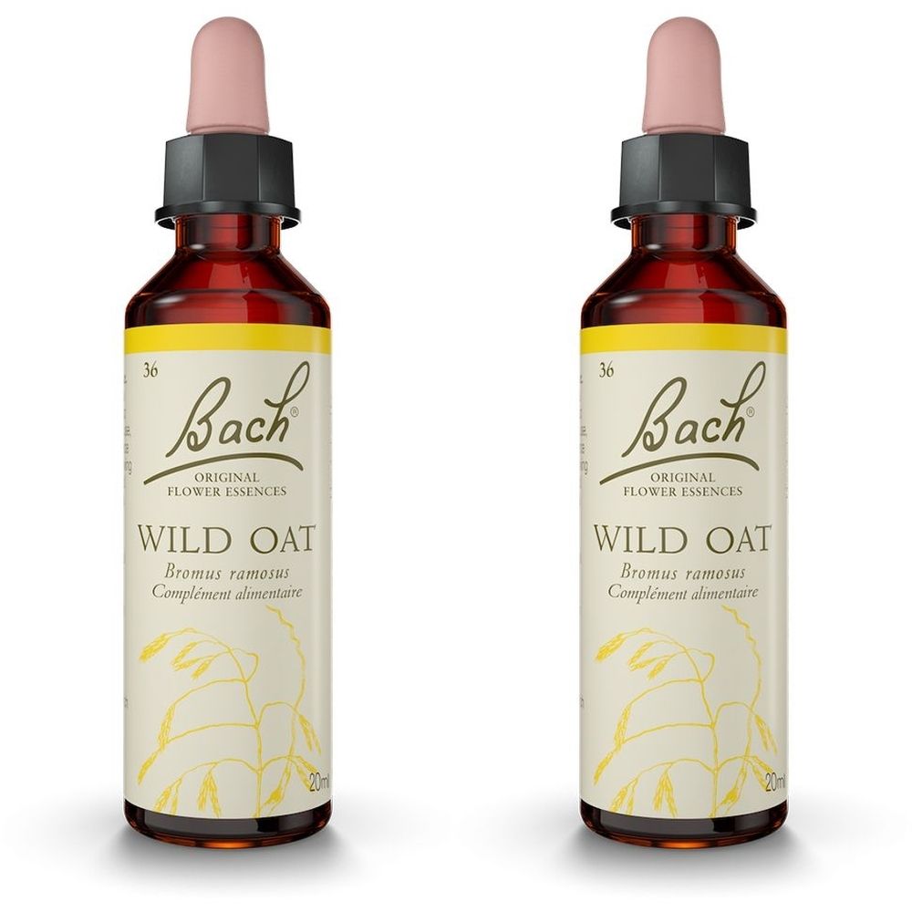 Deux flacons Fleurs de Bach® Original Wild Oat N° 36. Flacons en verre brun avec pipette. Inscription : Bach, Wild Oat, Bromus ramosus.