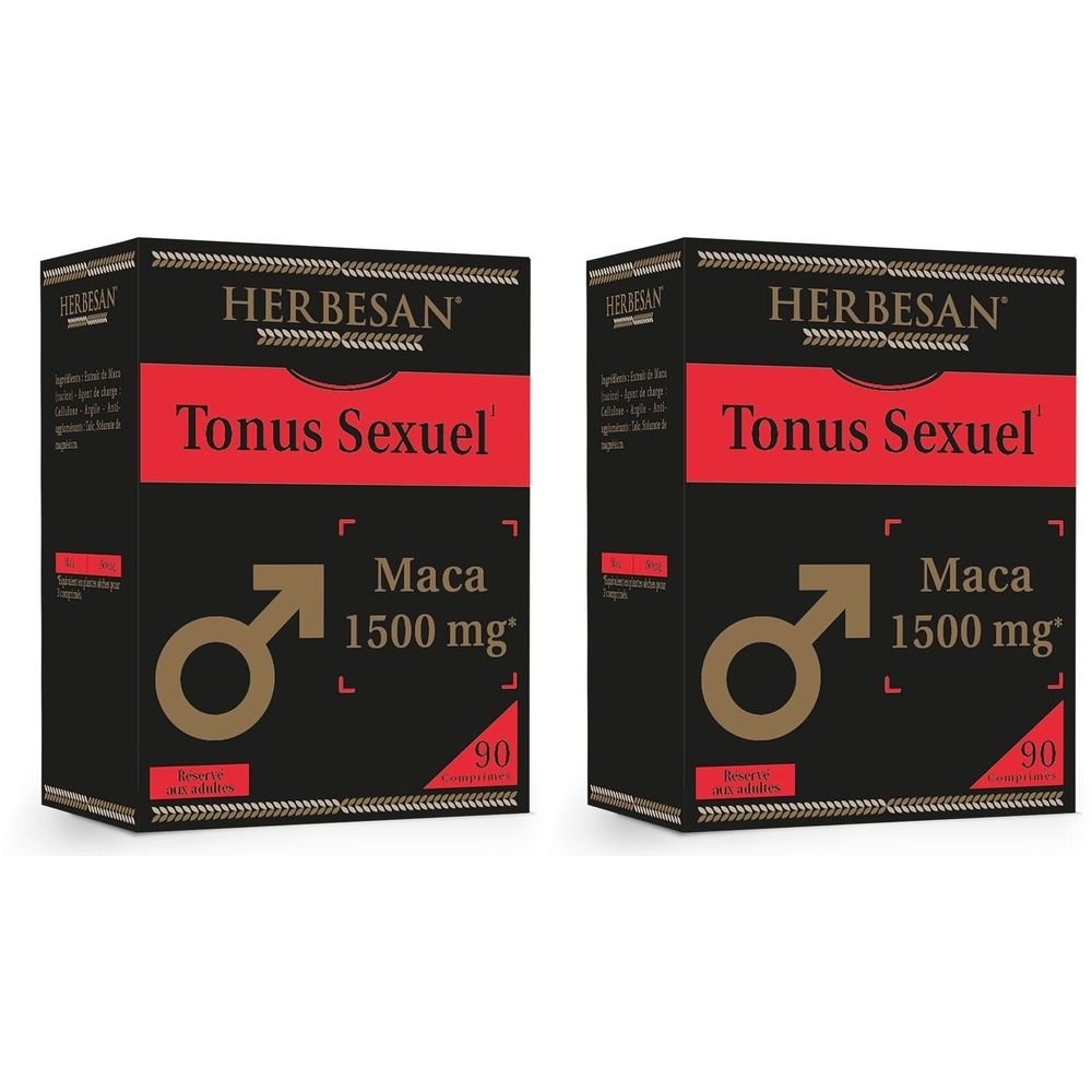 Deux boîtes de Herbesan Maca + Tonus Sexuel. Emballage noir avec bande rouge et texte. Contient 90 comprimés.