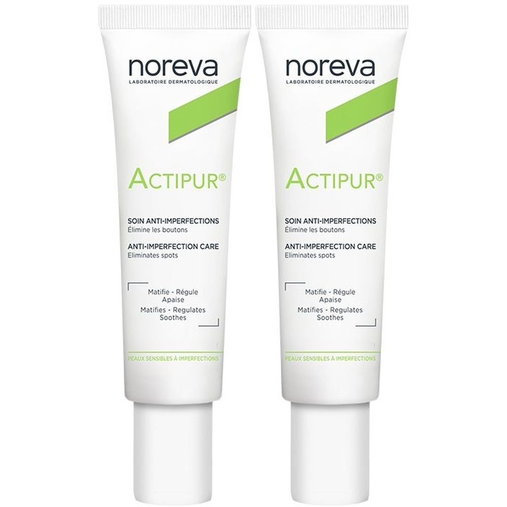 Deux tubes de crème Actipur de Noreva. Inscription : Soin anti-imperfections. Texte en français et anglais.