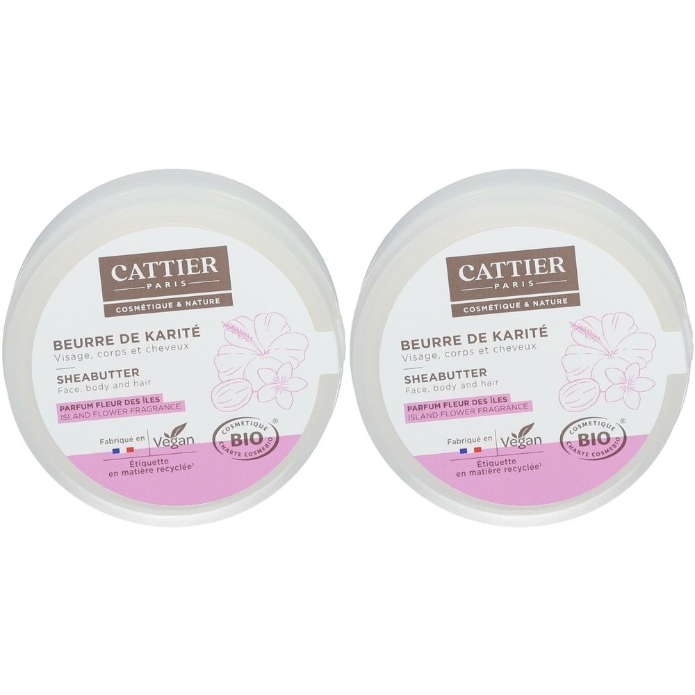 Zwei runde Behälter mit Aufschrift "BEURRE DE KARITÉ". Vegan und Bio-Zertifizierung. Rosa und weiße Verpackung.