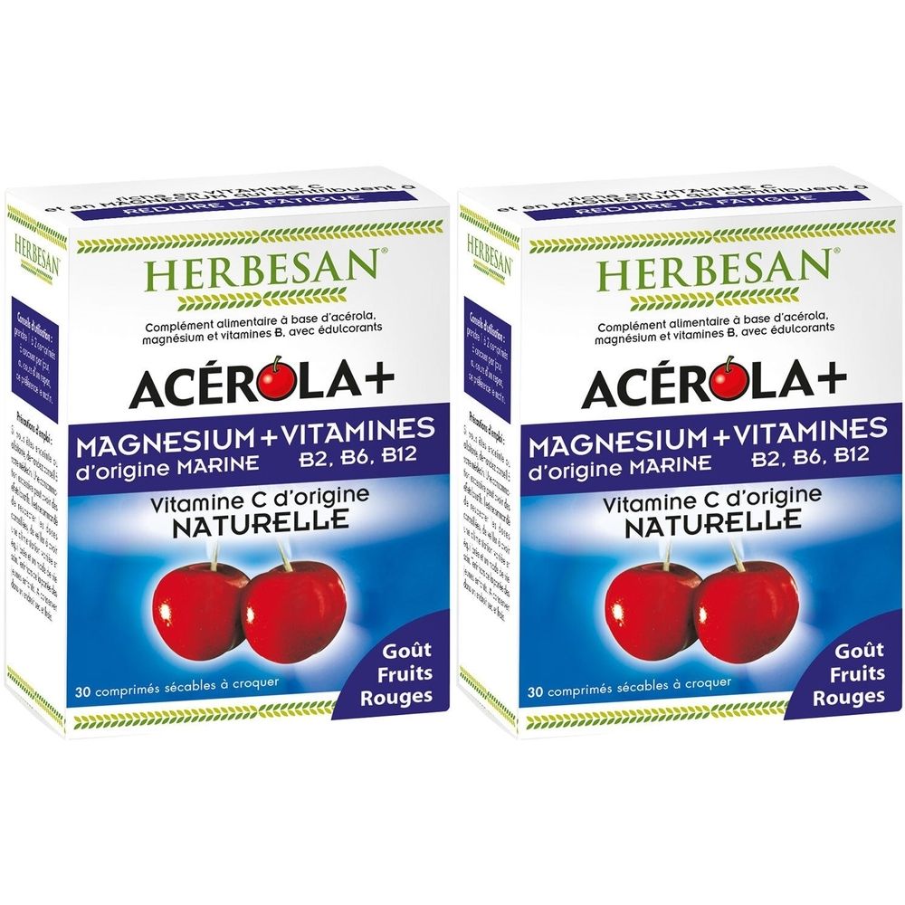 Deux boîtes de HERBESAN Acérola+ avec magnésium, vitamines B et vitamine C naturelle. Goût fruits rouges. 30 comprimés.
