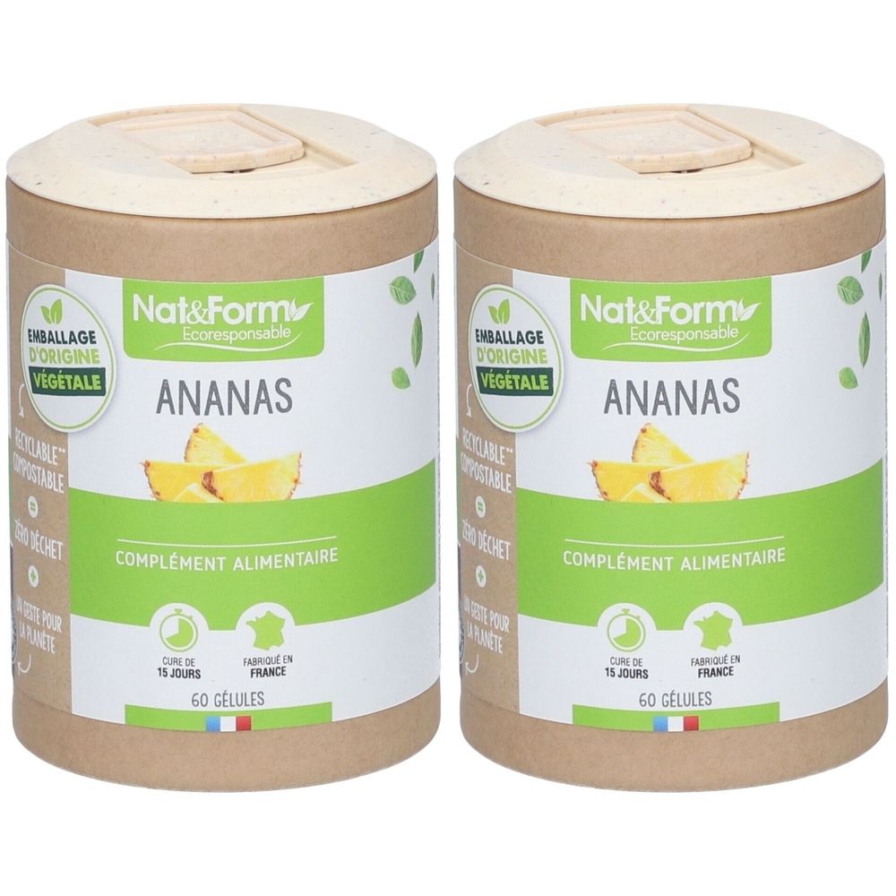 Zwei zylindrische Behälter mit der Aufschrift "Nat&Form Ananas". Aufschrift "Complément Alimentaire" und "60 Gélules".