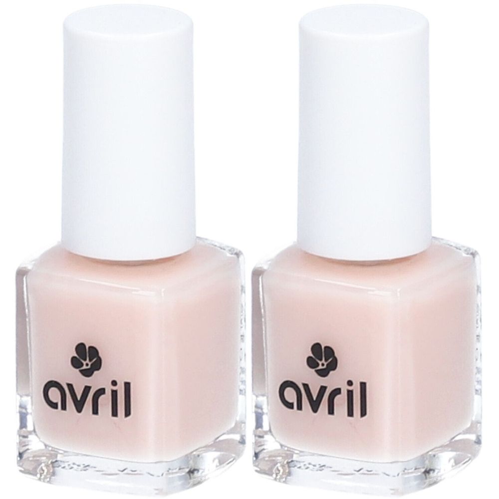 Zwei Flakons Nagellack, rosa-nude. Weiße Kappe, quadratische Form. Aufschrift: avril.