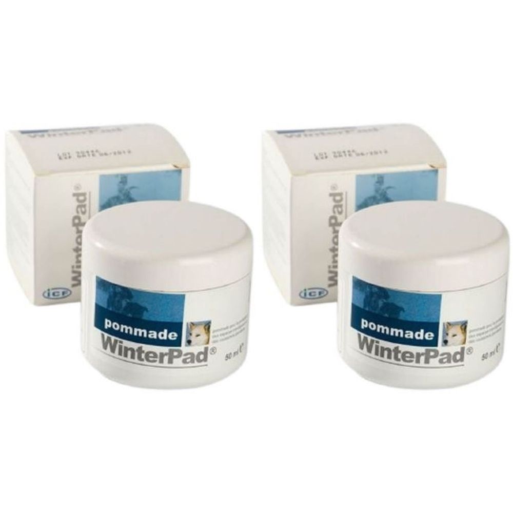 Deux pots de crème avec couvercles blancs et boîtes rectangulaires. WinterPad et Pommade sont visibles sur les pots. WinterPad est visible sur les boîtes.