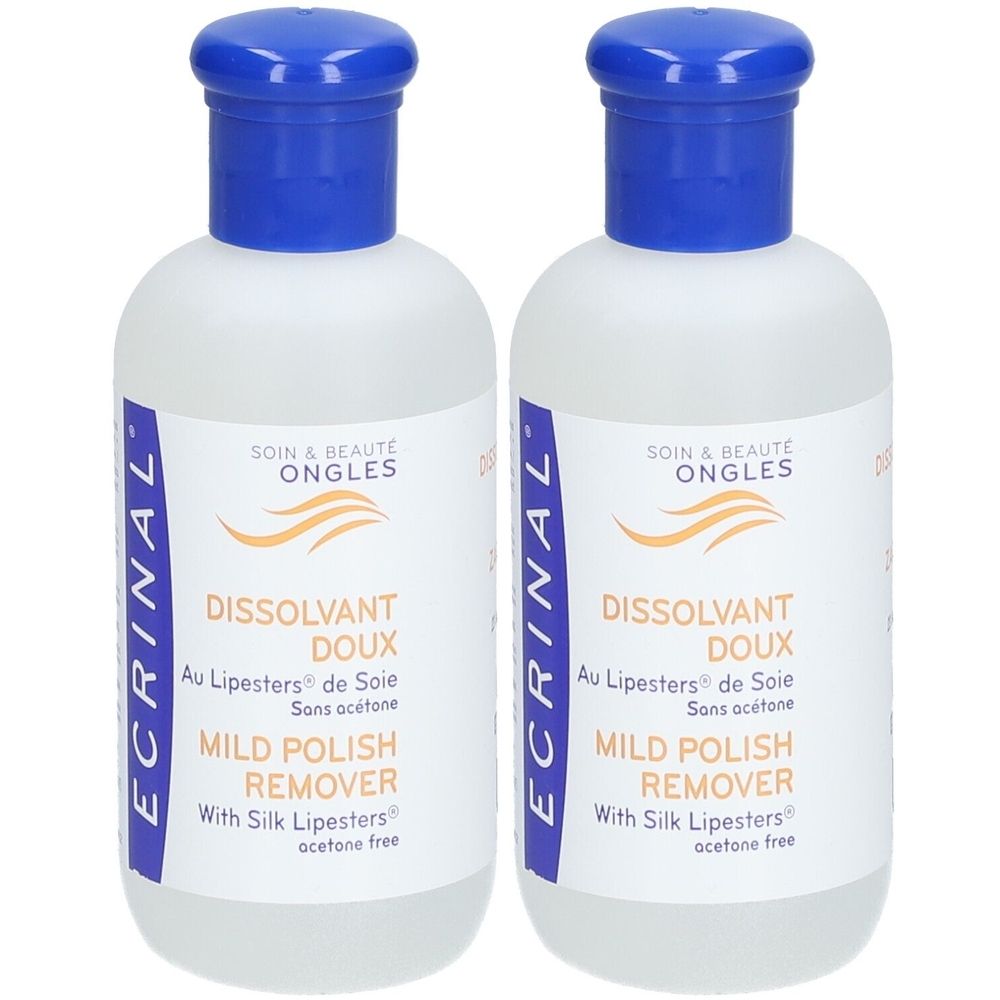 Deux flacons de dissolvant pour ongles. Bouchons bleus, flacons blancs avec étiquette. Texte: ECRINAL, DISSOLVANT DOUX, MILD POLISH REMOVER.