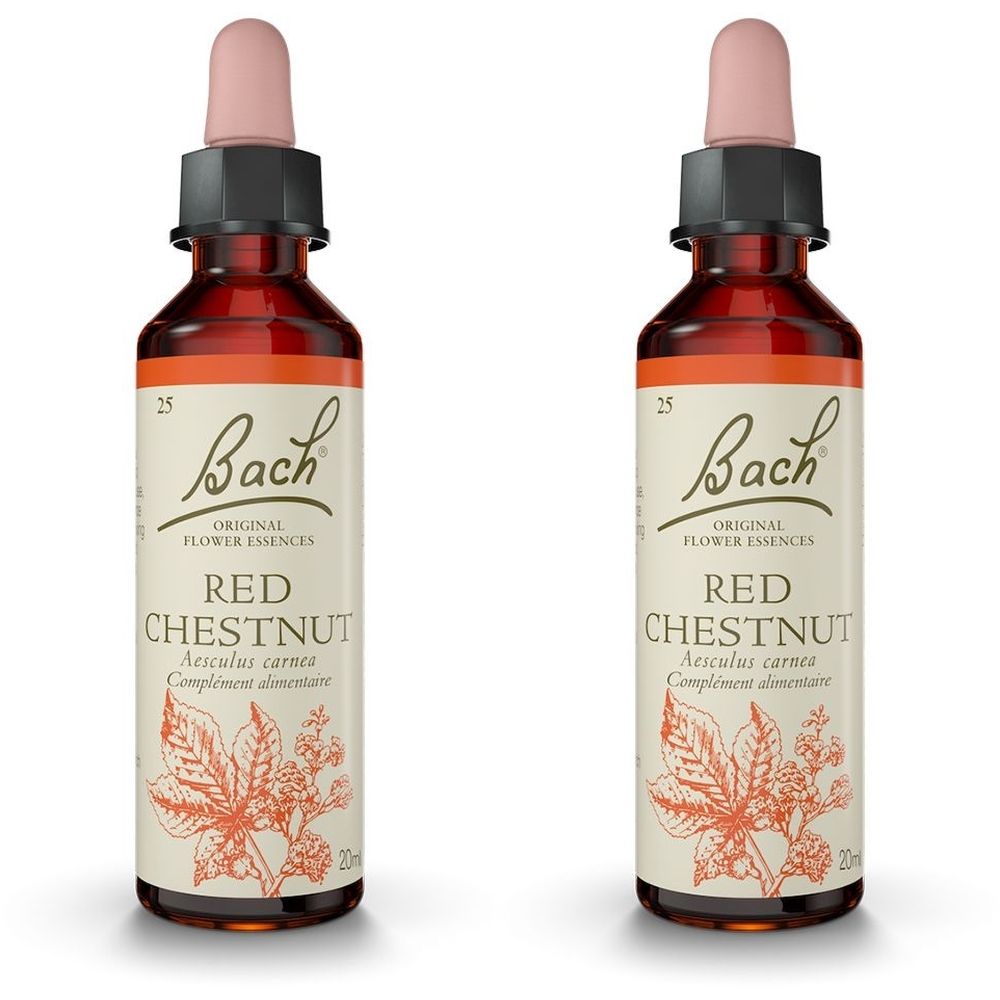 Deux flacons Fleurs de Bach® Original Red Chestnut N° 25. Flacons en verre brun avec étiquette et compte-gouttes.